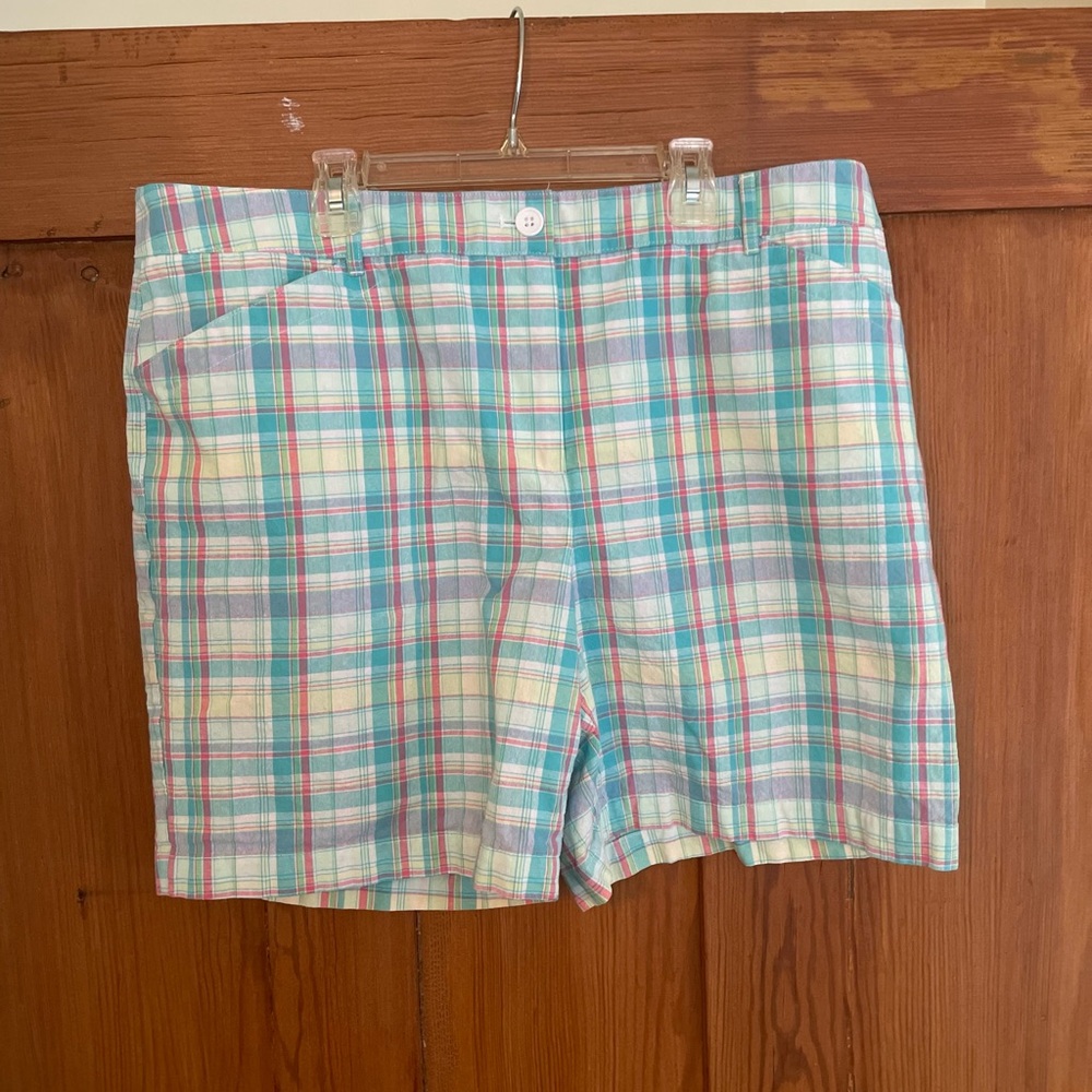 Talbots Aqua Blue Pink White Plaid Cotton Shorts Size 16